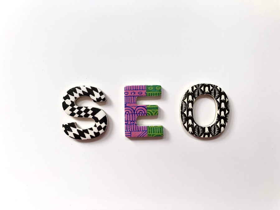 The letters SEO are displayed on a white background, each letter decorated with black, white, and purple artistic patterns to represent the creative side of WordPress Hosting.