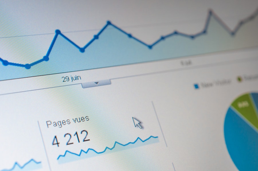 A computer screen displays website analytics with a line graph, pie chart, and a section showing Pages vues: 4 212. The French interface highlights data from June 29, ideal for monitoring performance on WordPress Hosting.